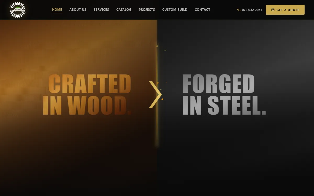 The Go4Wood homepage, split between a timber panel reading Crafted in Wood and a steel panel reading Forged in Steel