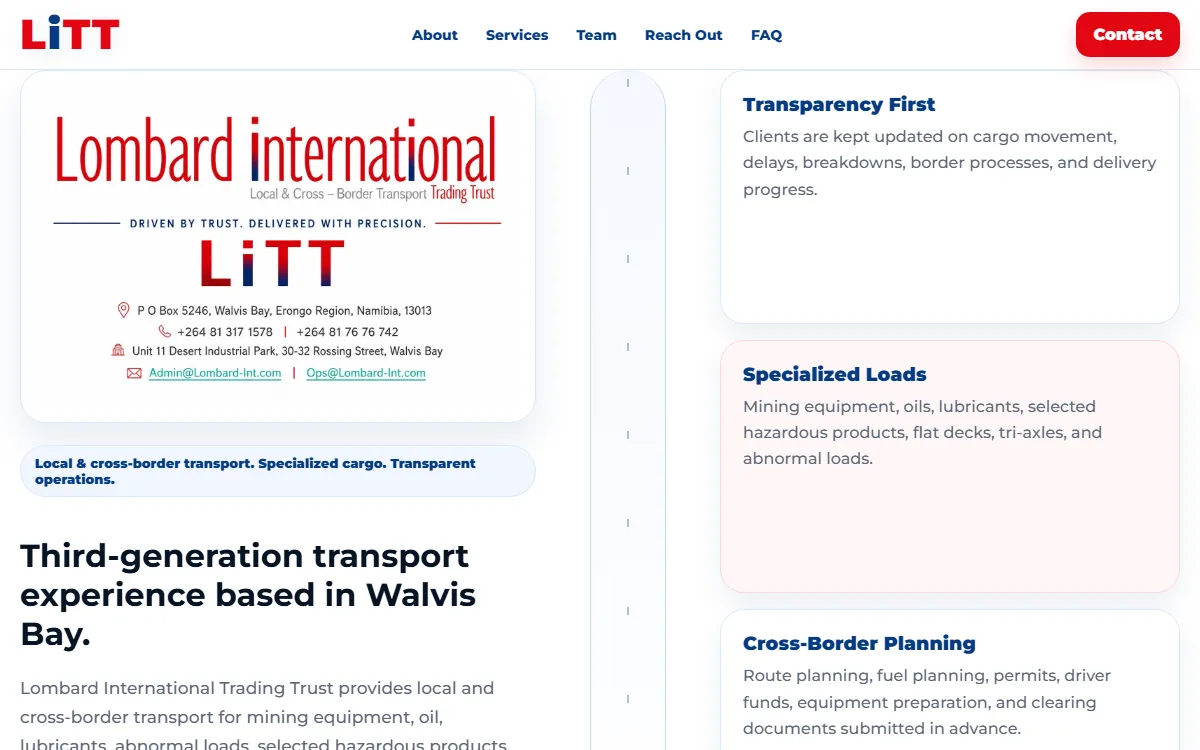 The Lombard International homepage, showing the company logo and contact card beside panels headed Transparency First, Specialized Loads and Cross-Border Planning