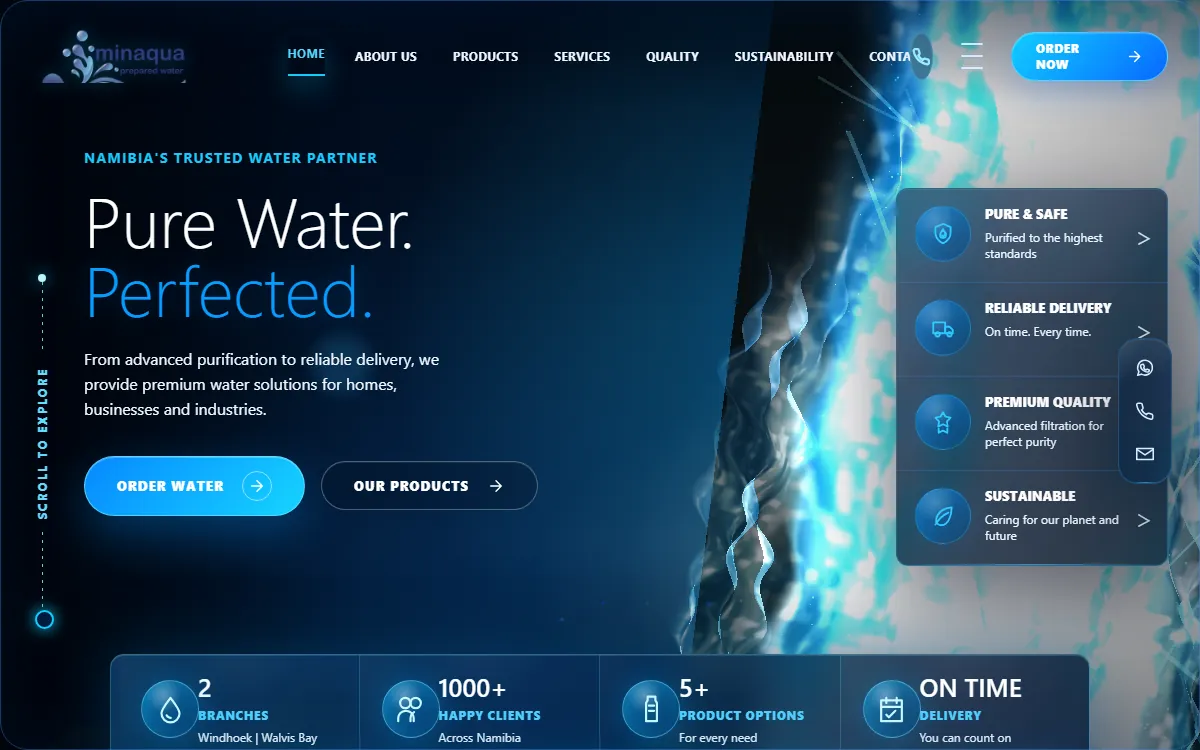 The Minaqua homepage, with the headline Pure Water. Perfected. beside panels for purity, delivery, quality and sustainability, above a row showing two branches and 1000+ clients